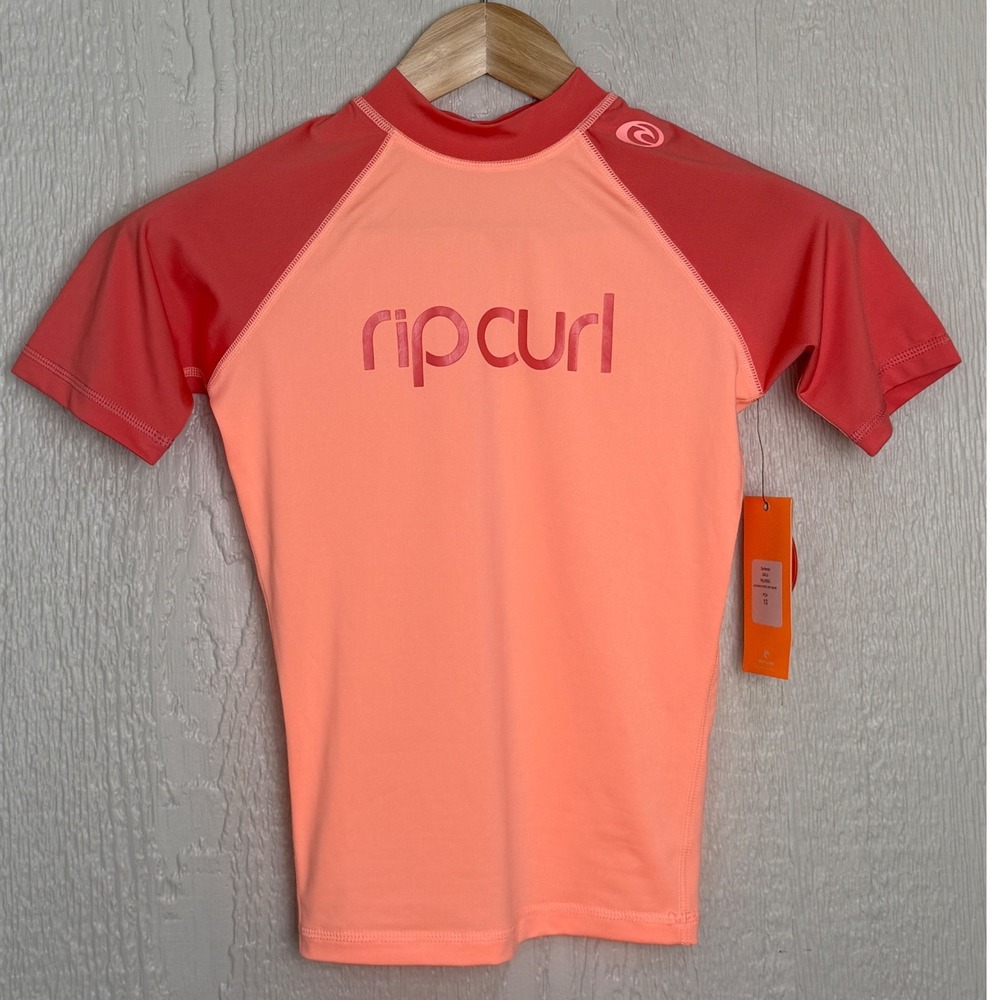 Rip Curl Girls Peach Coral Short Sleeve Rash Guard UV Tee UPF 30+ Size 10 NEW